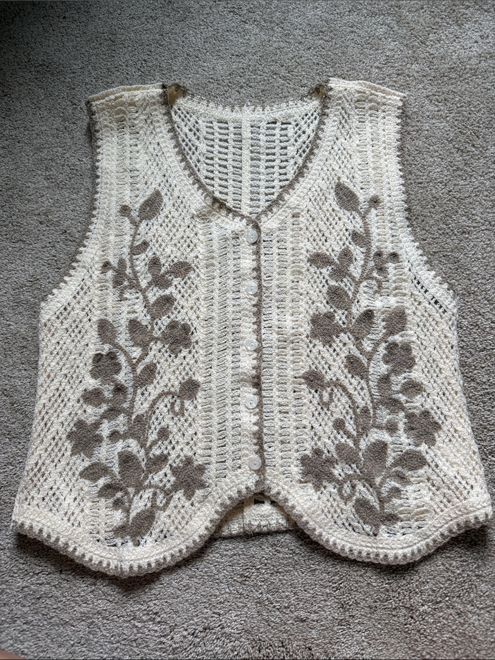 Cream Floral Crochet Button-Front Vest